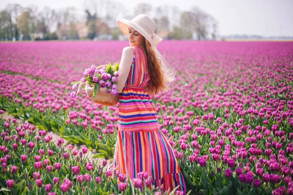 Magical Netherlands Landscape Beautiful Long Red Hair Woman Wearing Striped — Stock fotografie