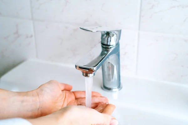 Washing Hands Person Coronavirus Prevention Hygiene Stop Spreading Covid Bathroom — Stock Photo, Image
