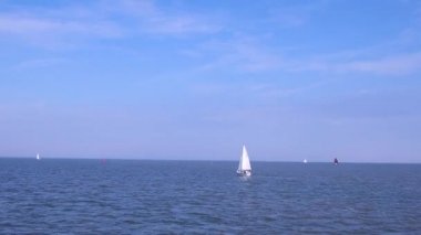 Yat ve tekne güneşli bir günde açık denizde yol alıyor. Raft Regatta ya da denizde yelken yarışı. Güzel okyanusta ufuktaki yelkenli. Sloops beyaz yelkenin altında açık denizde yüzüyor.