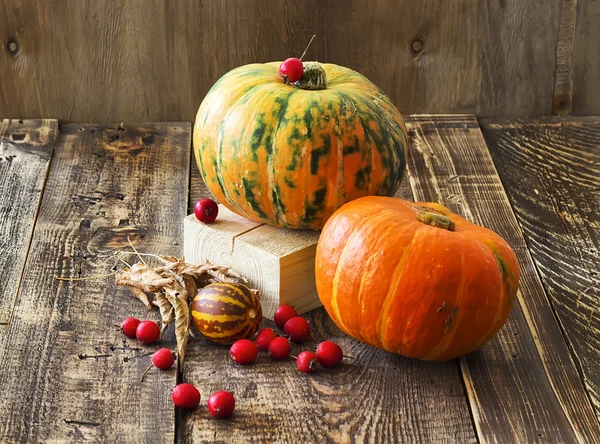 Pumpkins, melon and red berries on a wooden background — Stock Photo, Image