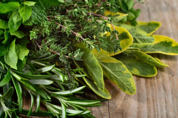 Freshly harvested herbs over wooden background. — Stock Photo, Image