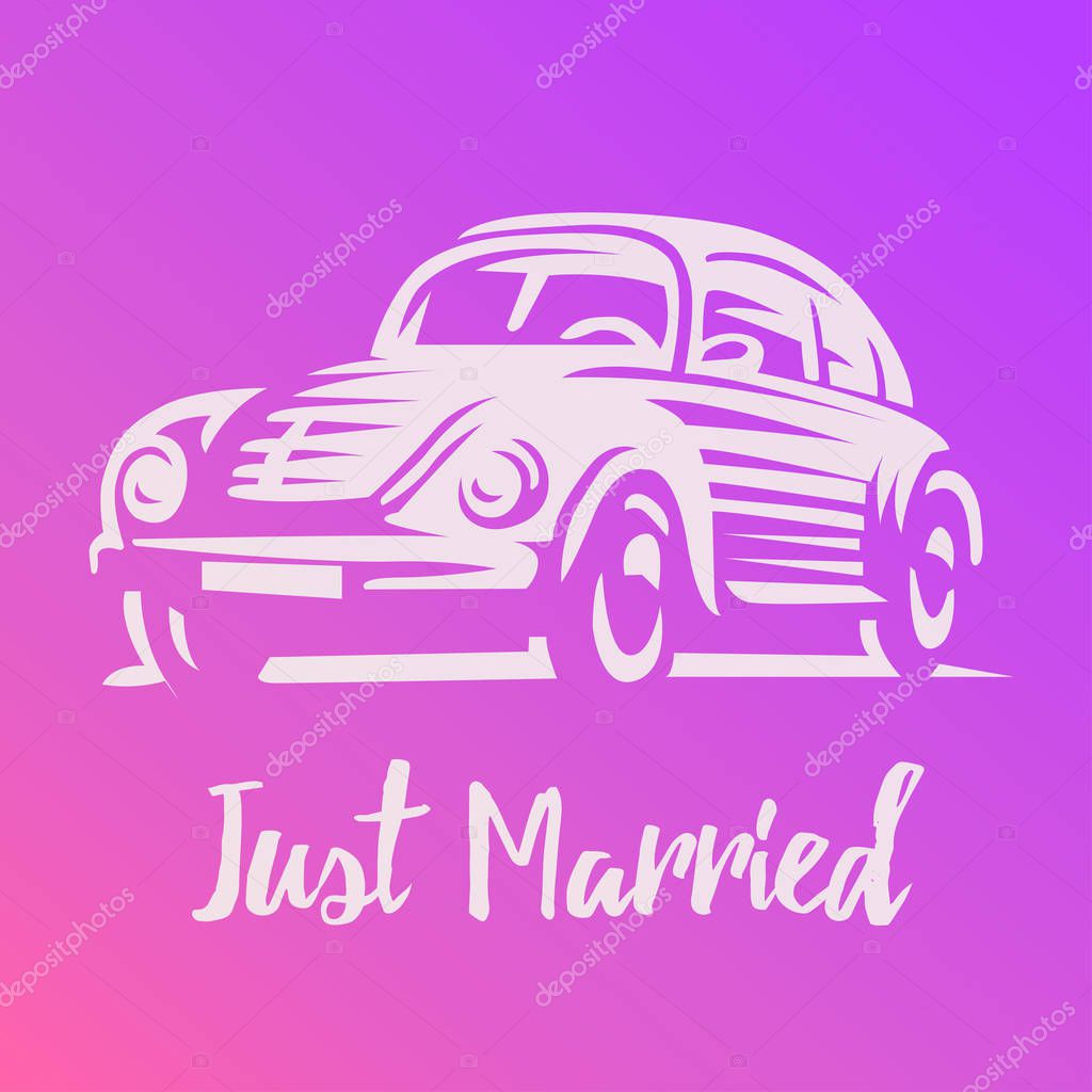 Just married car isolated, vintage. vector illustration