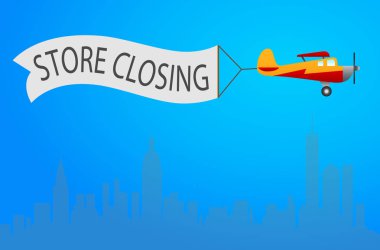 Vector retro biplane with wavy banner for store closing illustra clipart