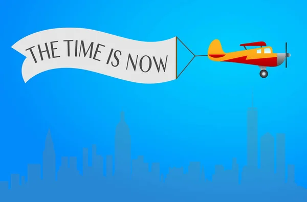 Avión con Banner "El momento es ahora" en el cielo para el diseño web y el anuncio — Vector de stock