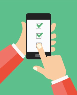 Elini tut smartphone, parmak dokunmatik ekran. Onay kutuları ve checkm