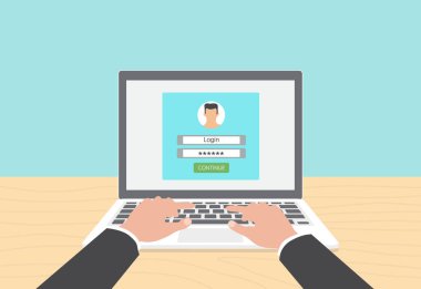 Laptop hesabında oturum. El laptop. Vektör Illust