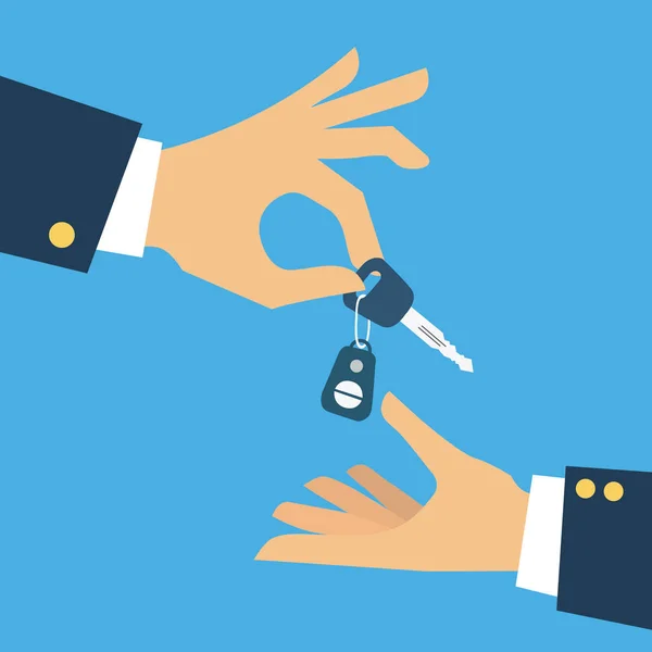 Autoverkäufer übergibt Schlüssel an Käufer. Vektorabbildung in flach — Stockvektor
