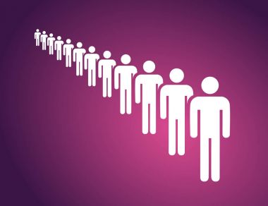 People in a long queue on the violet background clipart