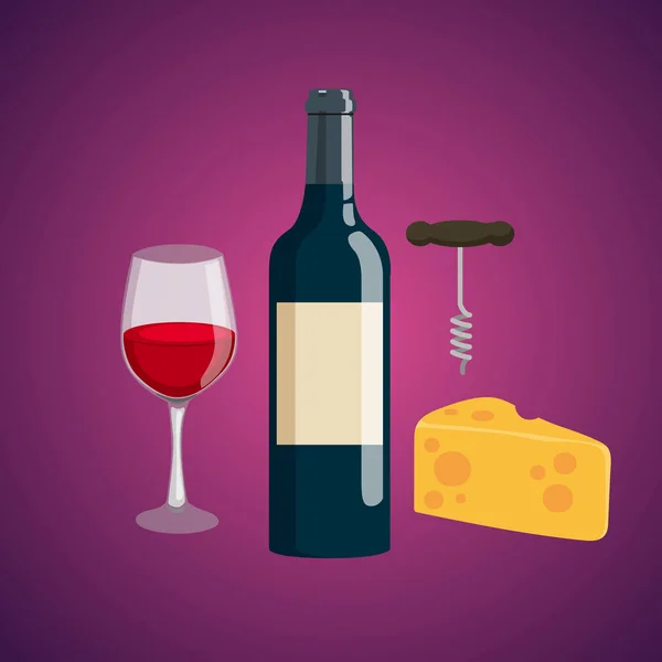 Glas Wein, Flasche Wein, Käse und Korkenzieher. Restaurantante — Stockvektor