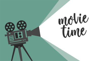 Yeşil kirişlere izole edilmiş retro kameralı film zamanı konsepti. Vektör illüstrasyonu