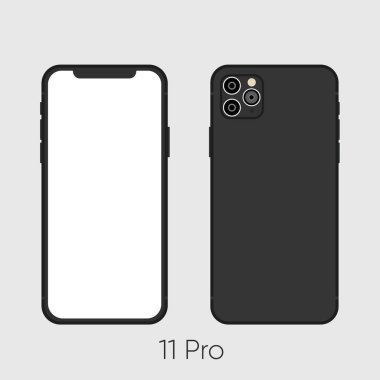 Black Smartphone 11, ön ve arka tarafları gri renkte izole edilmiş. Vektör İllüstrasyonu 