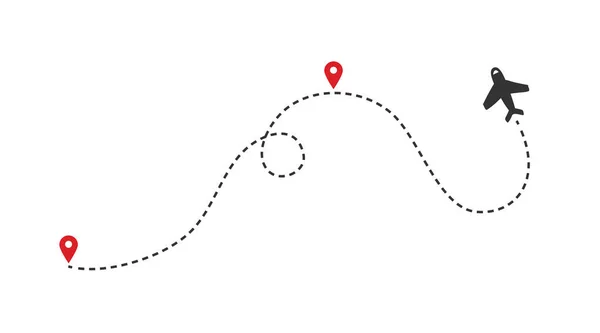 Uçak takibi, uçak siluetleri, beyaz arka planda izole edilmiş lokasyon iğneleri. Uçak yolu vektörü. Uçuş hattının çizimi, hava jeti yolculuğu.