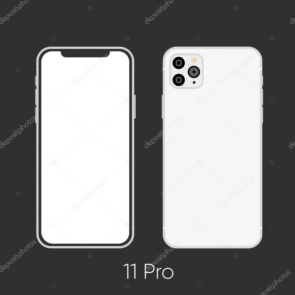 New 2019 phone model 11 Pro white isolated on black. Vector Illustration