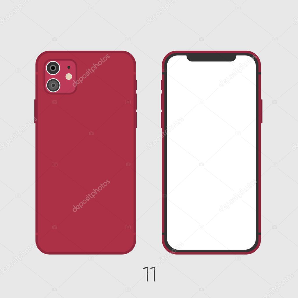 Newly released Red Smartphone 11, frond and back sides isolated on gray. Vector Illustration 