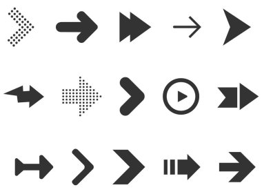 Siyah oklar beyaz arkaplanda izole edildi. Web tasarımı ve arayüz koleksiyonu. Vektör illüstrasyonu.