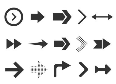 Siyah oklar beyaz arkaplanda izole edildi. Web tasarımı, arayüz, Ui ve daha fazlası için koleksiyon. Vektör illüstrasyonu