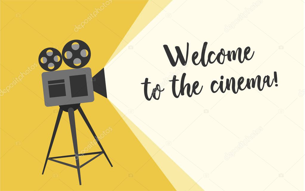 Welcome to the cinema poster. Cartoon vector illustration. Retro movie projector poster. Cartoon vector illustration. Cinema motion picture.