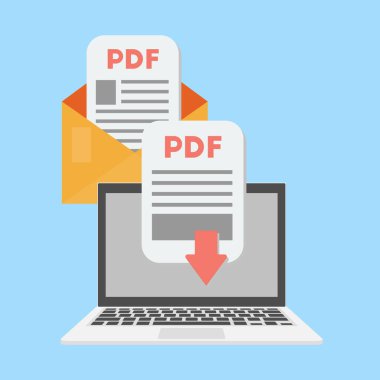 Pdf belgesi dizüstü bilgisayar konseptini indiriyor. Mesajda pdf 'i al. Vektör illüstrasyonu. 