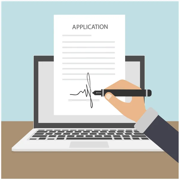 Υπογραφή Αίτησης Online Έξυπνο Συμβόλαιο Για Λάπτοπ Ανθρώπινα Χέρια Εικονογράφηση — Διανυσματικό Αρχείο