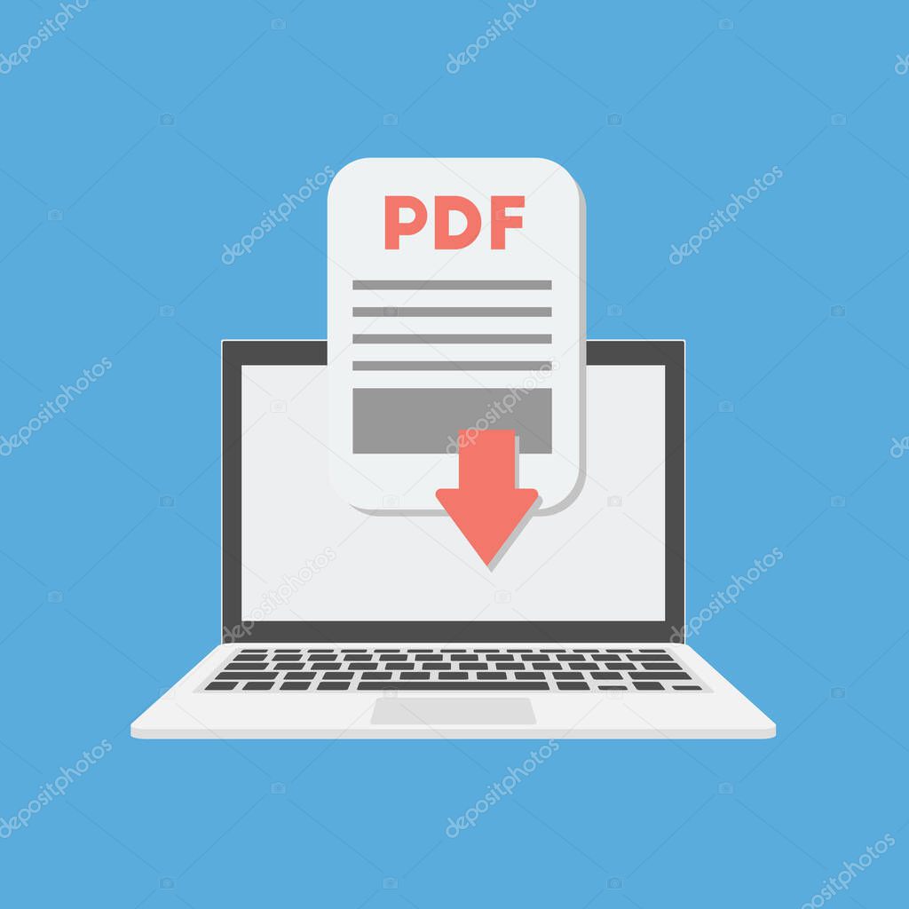 Pdf document download on the laptop concept. Vector illustration. 