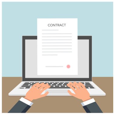 Dizüstü bilgisayar ve ellerle akıllı bir sözleşme imzalamak. Klip sanatı
