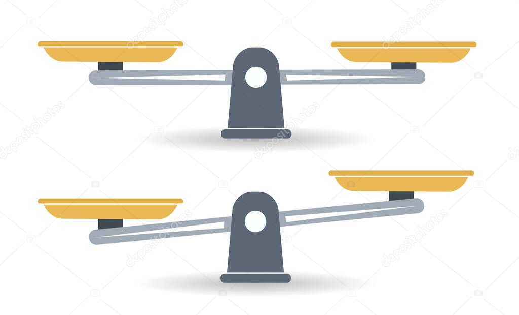 Bowls of scales in balance, an imbalance of scales. Libra, vector illustration