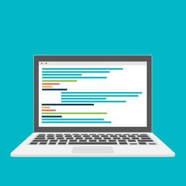 Dizüstü bilgisayarda kodlama, düz tasarım. Vektör illüstrasyonu 