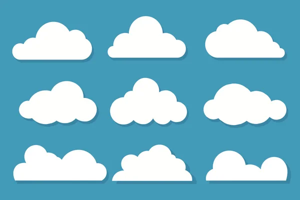 Mavi gökyüzü arka planında beyaz bulutların düz tasarımı. Vektör