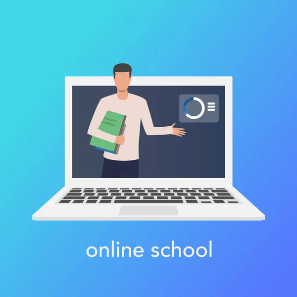 Teaching online concept for online school. Vector laptop on blue background — 스톡 벡터