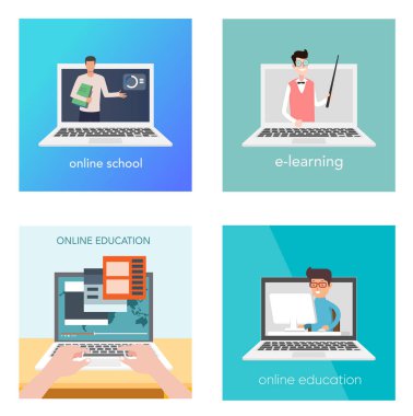 E-öğrenme, çevrimiçi eğitim ve e-kitap için web sayfası tasarım şablonları. Modern vektör resimleme kavramları.