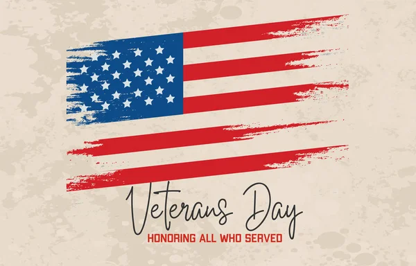 Affiche de célébration de la Journée des anciens combattants avec texte dactylographié et drapeau américain — Image vectorielle