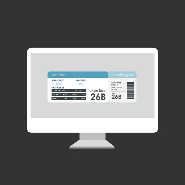 Online check-in s tištěnou palubní vstupenkou na obrazovce monitoru izolované přes černé pozadí. — Stockový vektor