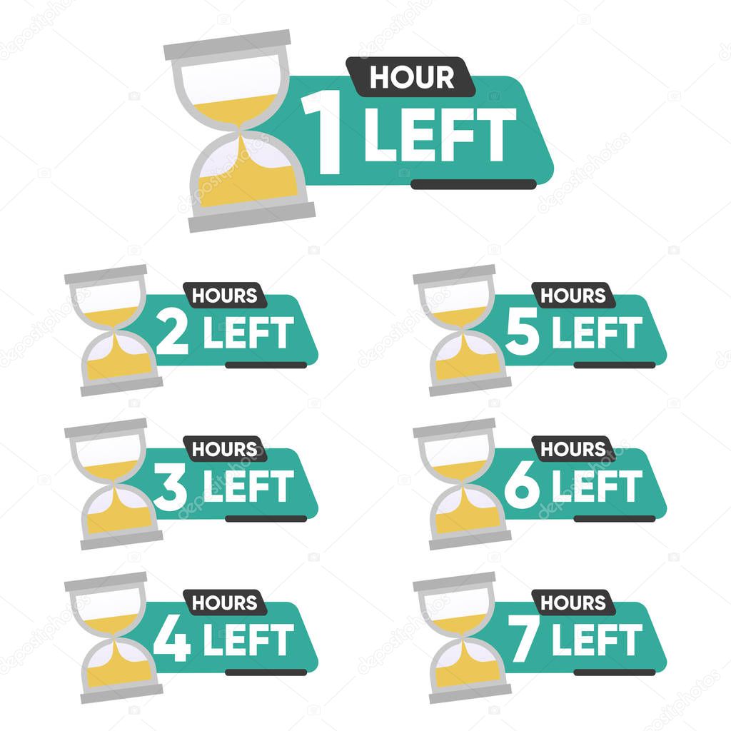  Countdown 1, 2, 3, 4, 5, 6, 7 hours left label or emblem set. Hours left counter icon with hour glass promotion, promo offer. Flat badge with number of count down time. 