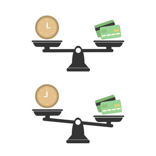 Dinheiro e Tempo equilibram um desequilíbrio de escalas. Relógio e símbolos de dinheiro em escala. Conjunto de Escalas. Tempo é dinheiro —  Vetores de Stock