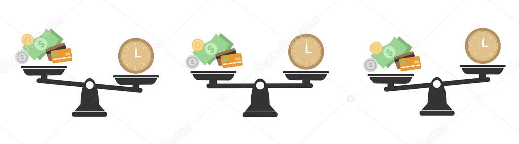 Money and Time balance an imbalance of scales. Clock and money symbols on scale. Set of Scales. Time is Money