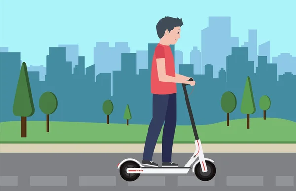 Young male character ride modern urban transport electric kick scooter. Active hipster adult millennial uses lifestyle ecology technologies. Vector illustration — ストックベクタ