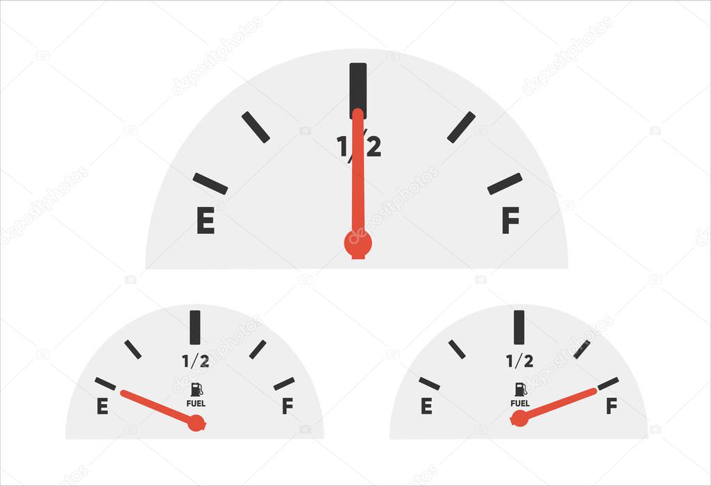 Gas tank gauge. Set of Fuel gauge scales. Fuel meter. Fuel indicator. Oil level tank bar meter. Collection Fuel gauge meter on a white