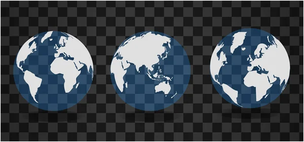 Conjunto de globos transparentes de la Tierra. Mapa realista del mundo en forma de globo con textura transparente — Vector de stock