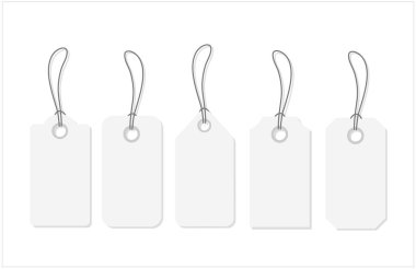 Mockup and template for paper price tag. Set of blank white tags with rope. White shopping labels and price tags in different shapes. Vector 