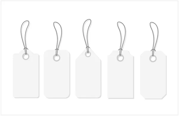 Mockup and template for paper price tag. Set of blank white tags with rope. White shopping labels and price tags in different shapes. Vector — Stock vektor