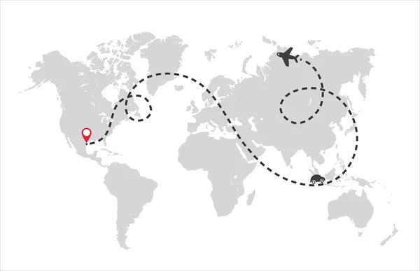 Airplane track to point with dashed line way and world map on white background. Vector — Διανυσματικό Αρχείο