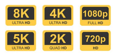 Altın 8K, 4K, 5k Ultra HD Video Çözünürlük Simgesi Yüksek çözünürlüklü TV Oyunu Ekranı