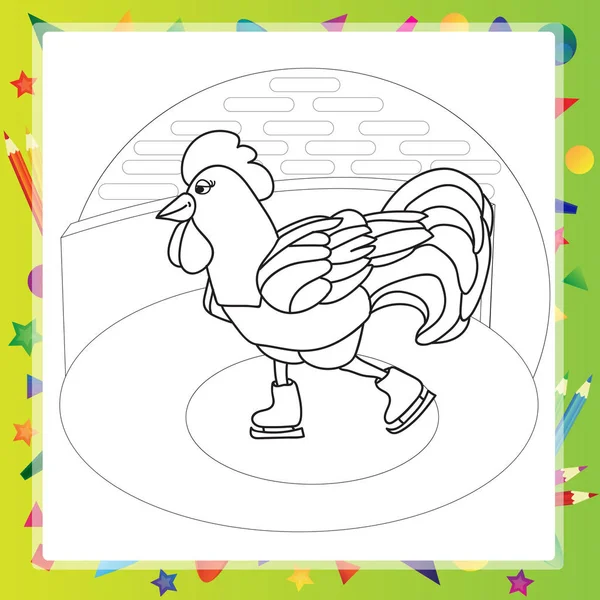 Patín de pájaro gallo en el anillo de patinaje - libro para colorear — Vector de stock