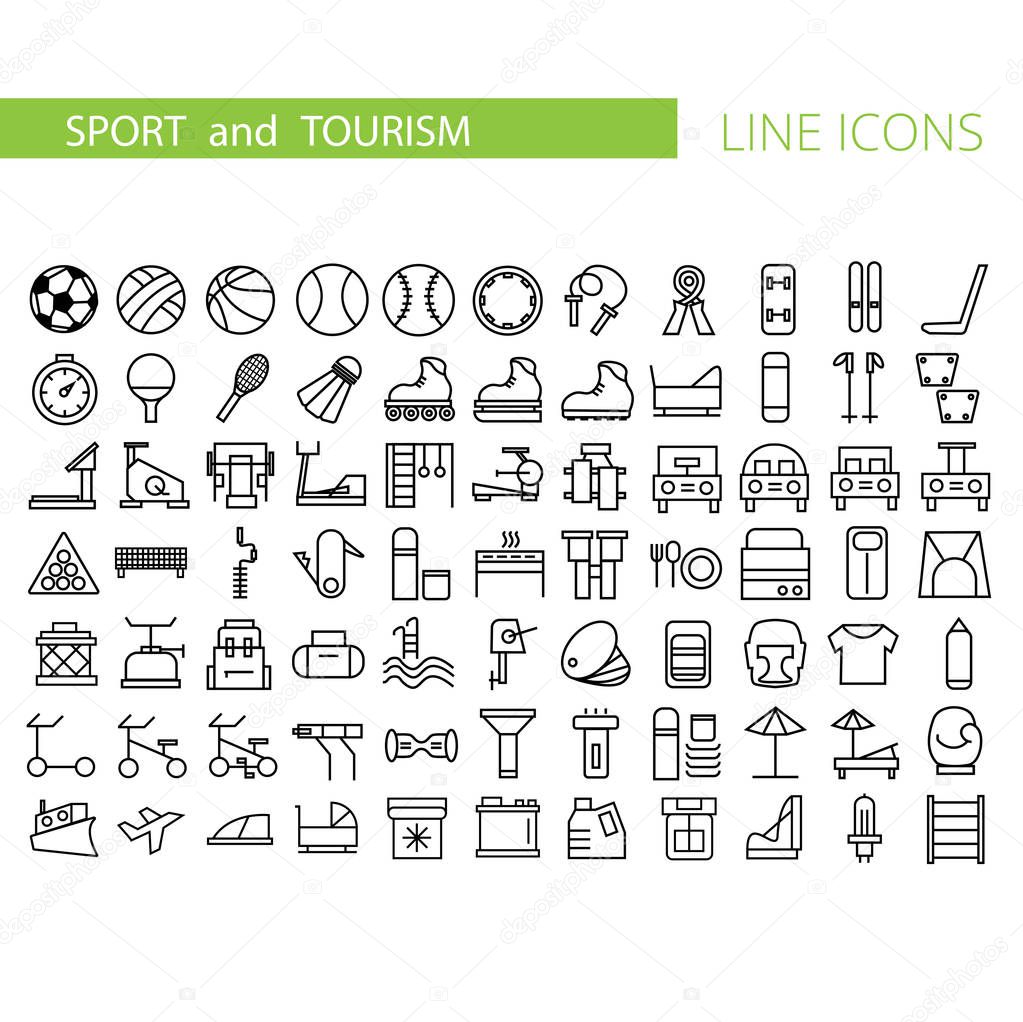Sport and recreation flat icon set. Collection of outline symbols for web design