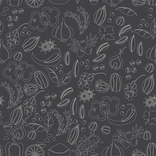 Muster mit handgezeichneten Gewürzen und Kräutern. Heil-, Kosmetik-, Küchenpflanzen — Stockvektor