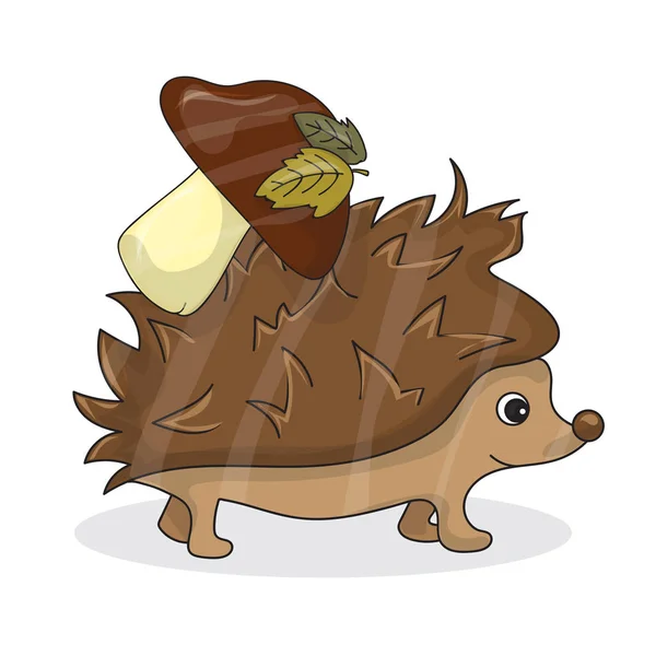 Image vectorielle de dessin animé d'un hérisson brun mignon avec champignon blanc-brun — Image vectorielle