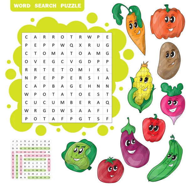 Vector education game for children about vegetables. Word search puzzle — Stock Vector