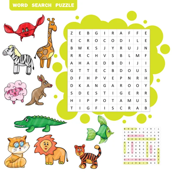 Gioco di educazione vettoriale per bambini sugli animali puzzle di ricerca Word — Vettoriale Stock