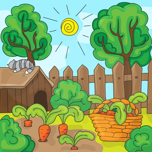 Giardino dei cartoni animati con carote, illustrazione vettoriale — Vettoriale Stock