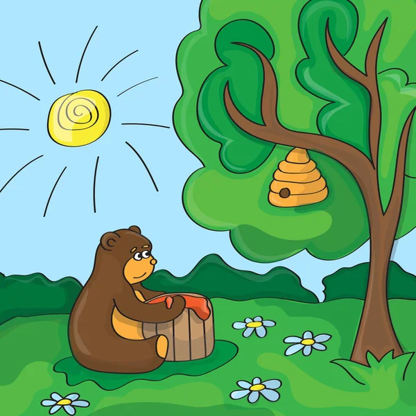 Divertente cartone animato vettore - simpatico orso con miele — Vettoriale Stock